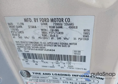2009 Ford F-150 Fx4/King Ranch/Lariat/Platinum/Xl/Xlt from USA, damaged, VIN 1FTPW14V69FA20434